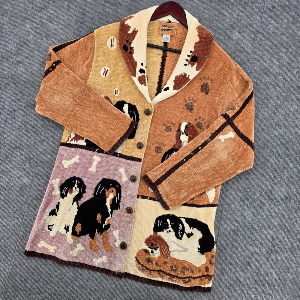 Sweater Sweater Vintage Dog Patchwork Chenille Cardigan XL Shawl Collar 90s